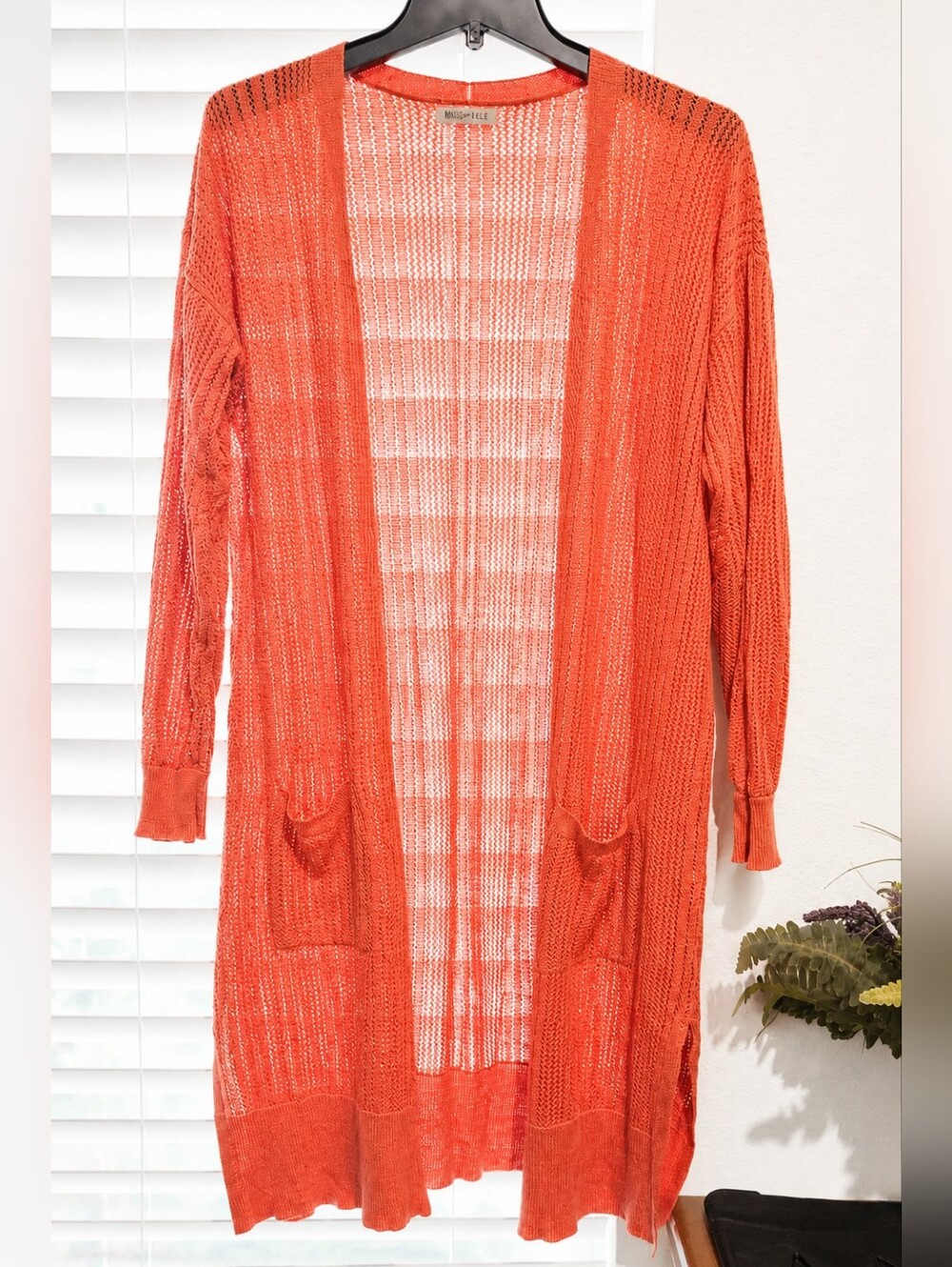 Margeaux & Elle Open Knit Long Cardigan Duster Coral Red Size L Lightweight
